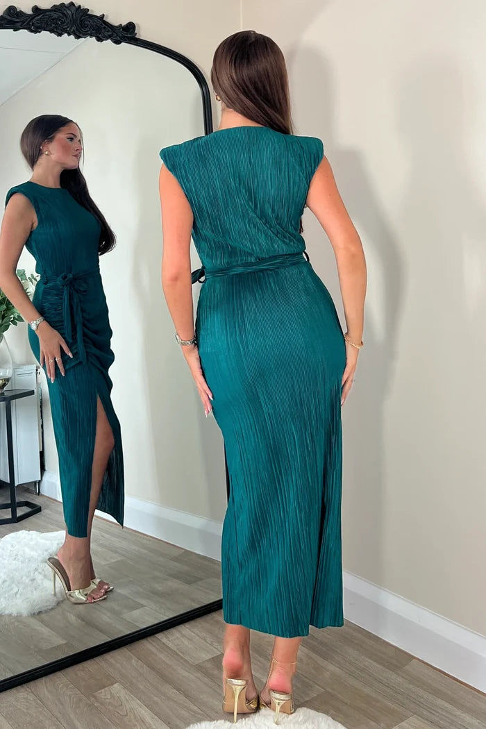 Elena Ruched Seamed Midi Dress (Teal)