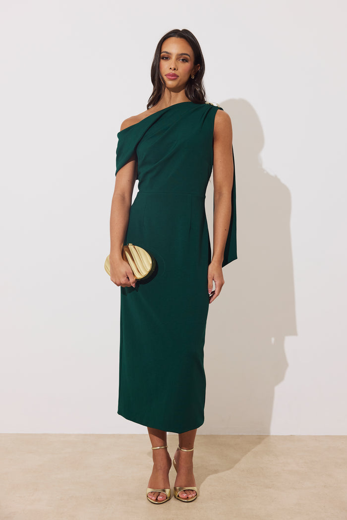 Eleni Drape Midi Dress (Forest Green)