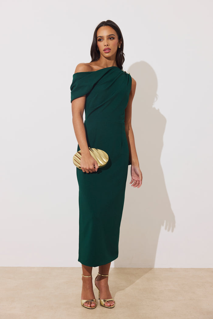 Eleni Drape Midi Dress (Forest Green)