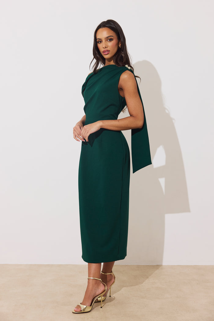 Eleni Drape Midi Dress (Forest Green)
