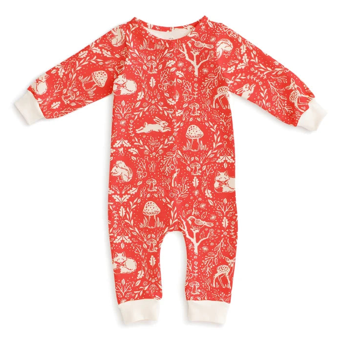 Red baby onesie with white forest animal pattern on a white background