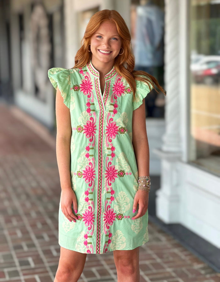 Green Flutter Sleeve Floral Embroidery Detail Dress