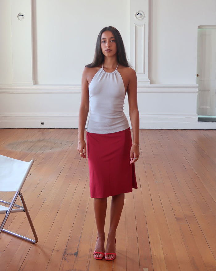 Harper Halter Top 90s-inspired high-neck halter in ribbed knit fabric