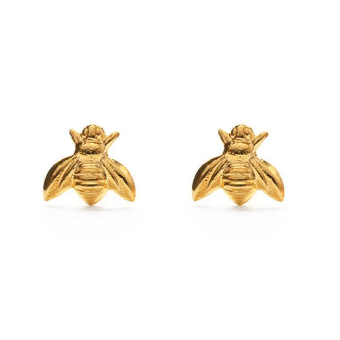 A pair of 14k gold over brass honey bee stud earrings on a white background.