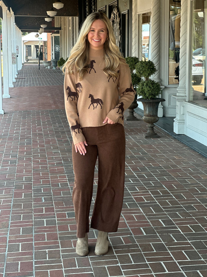 Horse Graphic Knit Mock Neck Sweater in Sand Camel