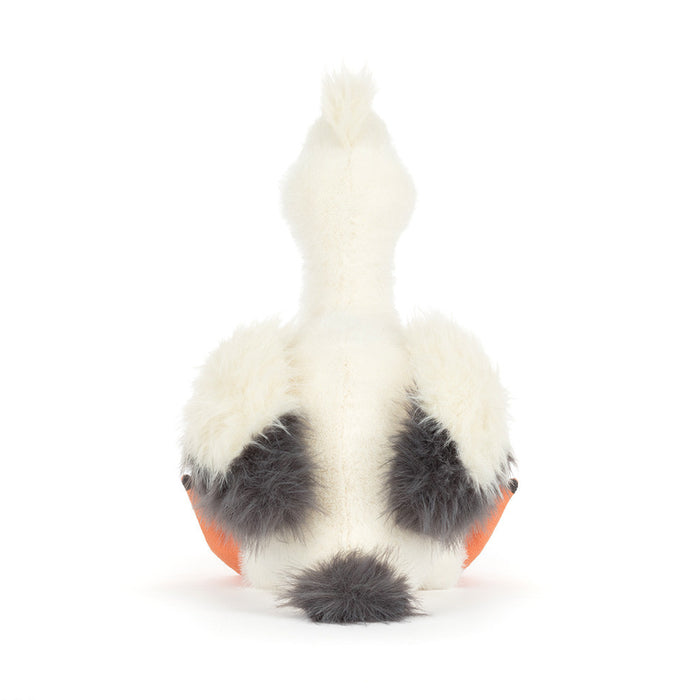 Plush pelican toy viewed from the back