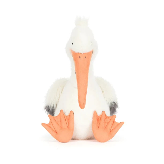 Plush pelican toy viewed from the front