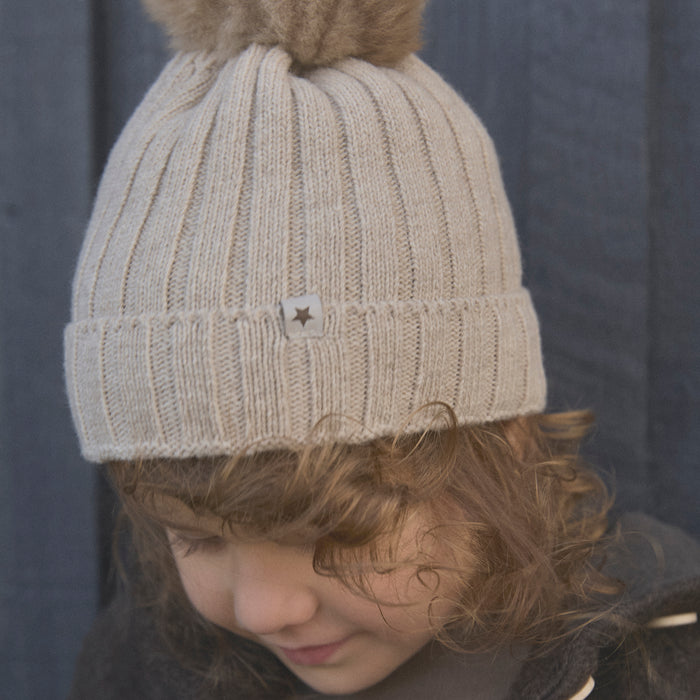 Kids Merino Wool & Alpaca Pom Pom Hat - Sand melange