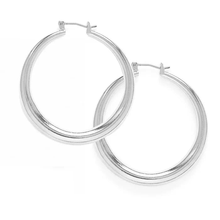Pair of silver hoop earrings on a white background