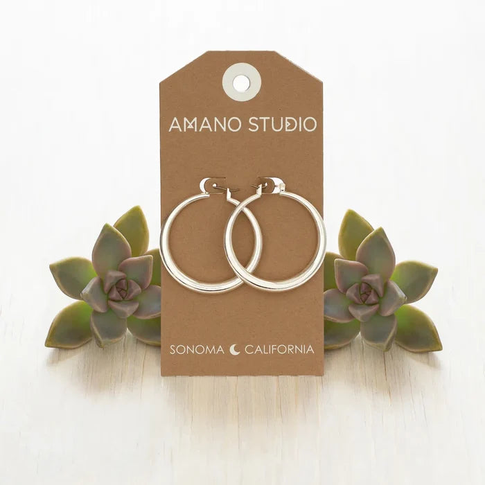Silver hoop earrings on a 'Amano Studio' branded card with succulents on a light wooden surface.
