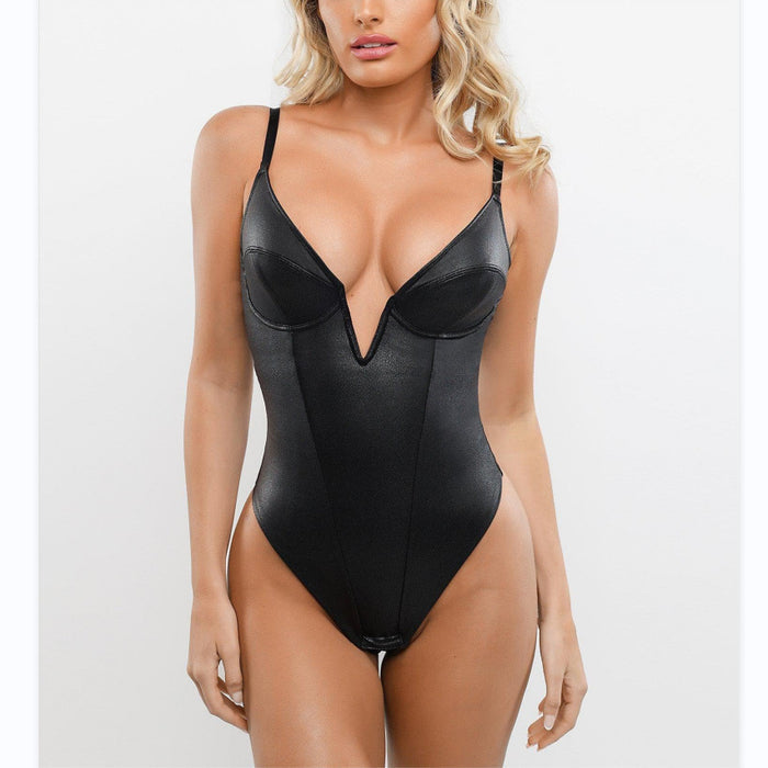 black deep v bodysuit sculpted waist structured seams detail