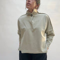 Eleven Stitch Long Funnel Neck Slub Sweatshirt in Artichoke, front view, worn by a model against a neutral background