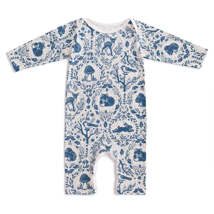 Baby onesie with blue forest animal pattern on a white background