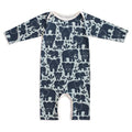 A long-sleeve baby footless romper with an all-over navy blue elephant pattern on a light gray background, shown flat against a white background.
