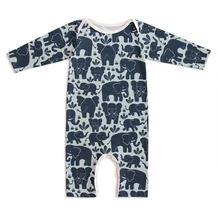 A long-sleeve baby footless romper with an all-over navy blue elephant pattern on a light gray background, shown flat against a white background.