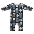 Baby romper with blue owl pattern on a white background