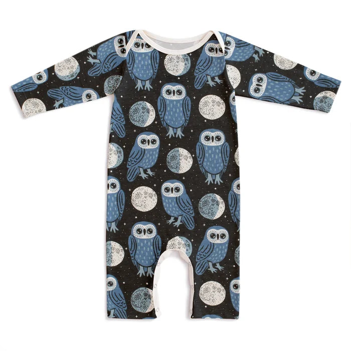 Baby romper with blue owl pattern on a white background