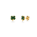Gold earrings with green clover-shaped stones on a white background
