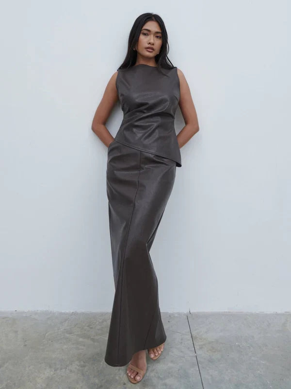 Maeve Faux Leather Maxi Skirt (Dark Chocolate Brown)