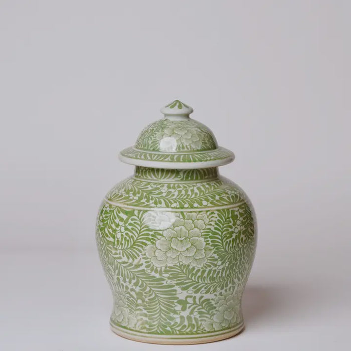 Medium Green and White Porcelain Country Peony Temple Jar