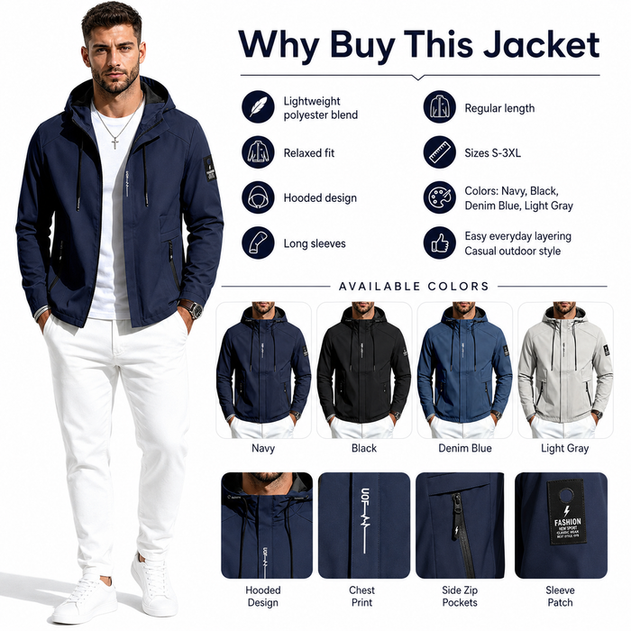 A promotional product graphic for a men's lightweight zip-front jacket. A male model wears the jacket on the left, and the right side contains marketing text ('Why Buy This Jacket'), available color options, and close-up feature panels.
