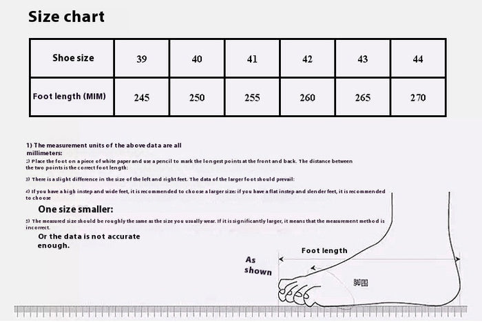Shoe size chart with foot length measurements on a white background