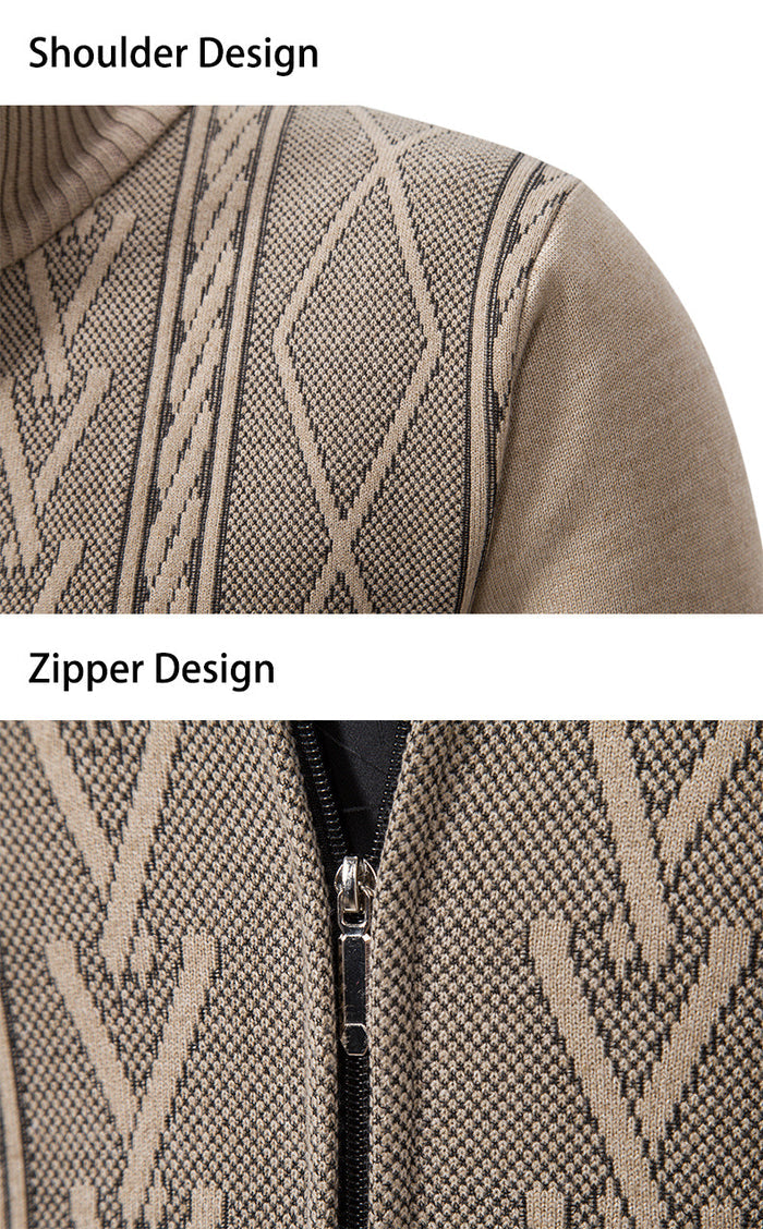 Men's stand collar cardigan folded flat showing stand collar and full zip front, easy zip-up sweater for travel days