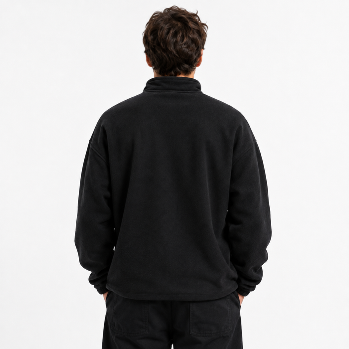 Men's fleece half zip sweatshirt black back view on male model