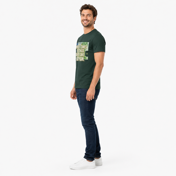 White cotton motivational t shirt with ribbed crew collar, side seams, shoulder tape, and black statement print on the front.