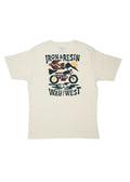 Beige T-shirt with "Iron & Resin" text, eagle, motorcycle, mountains, and "Way Out West" design on the back.