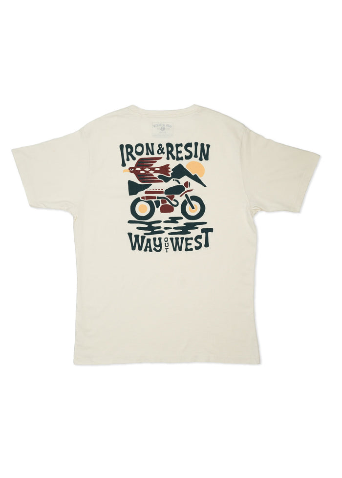 Beige T-shirt with "Iron & Resin" text, eagle, motorcycle, mountains, and "Way Out West" design on the back.