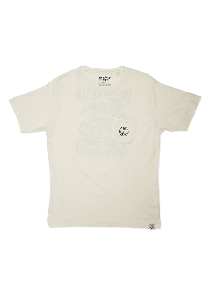 Cream t-shirt with a subtle print and anchor logo on the pocket, featuring a round neck and short sleeves.