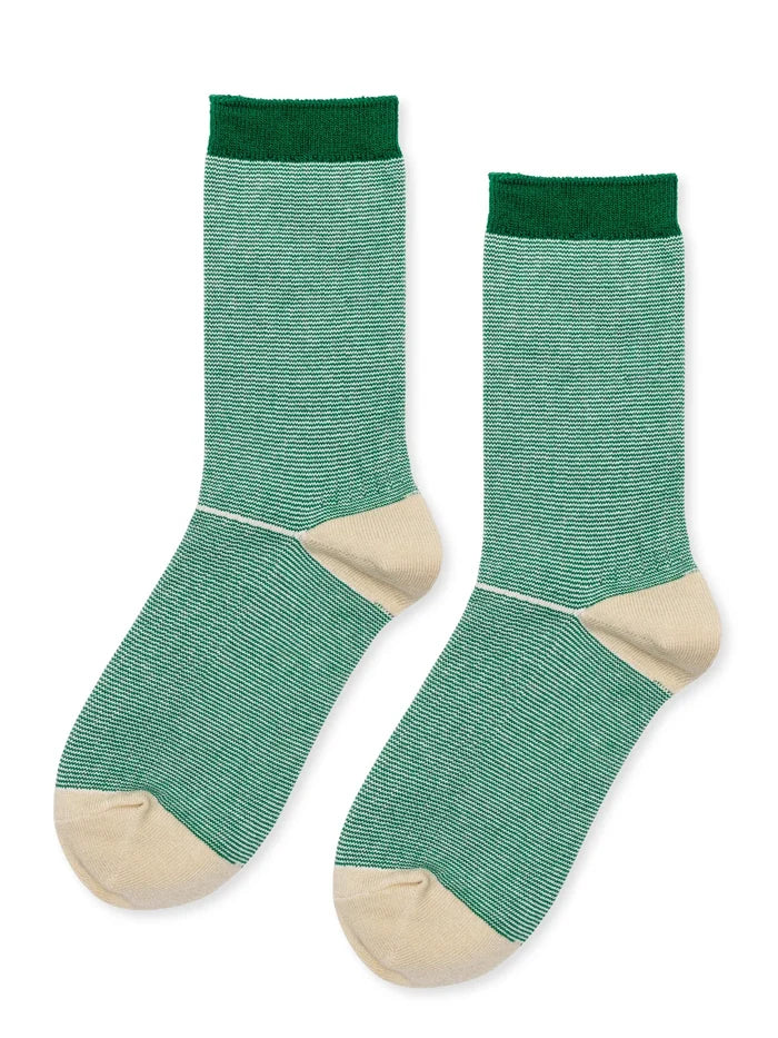 Multi Stripe Hiker Crew socks in Green — green micro-stripe cotton hiker crew with bold green ribbed cuff and cream heel and toe, flat lay pair on white background