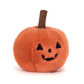 Jellycat Ooky Jack O Lantern plush toy on a white background, showing a round orange pumpkin with a brown stem and an embroidered jack-o-lantern face with triangular eyes and a grinning mouth