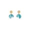 Pair of Sibilia Petal Droplet Earrings in Turquoise Patina, featuring round matte gold disc studs with two turquoise-blue textured petal-shaped drops hanging from each, on a white background