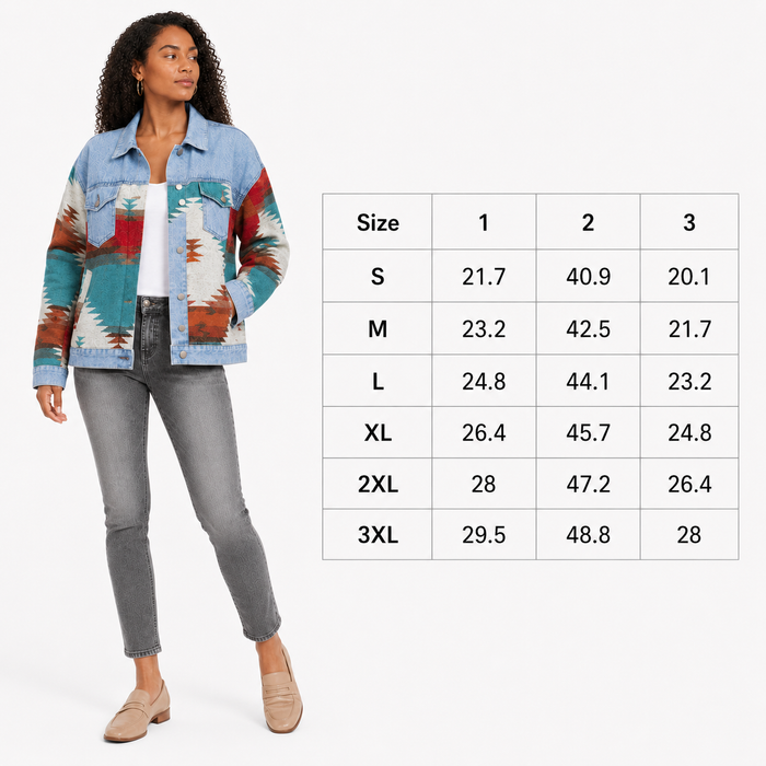 Women's geometric print denim jacket size chart with model