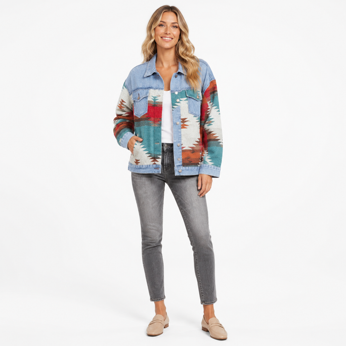 Women's geometric print denim jacket front view on white background