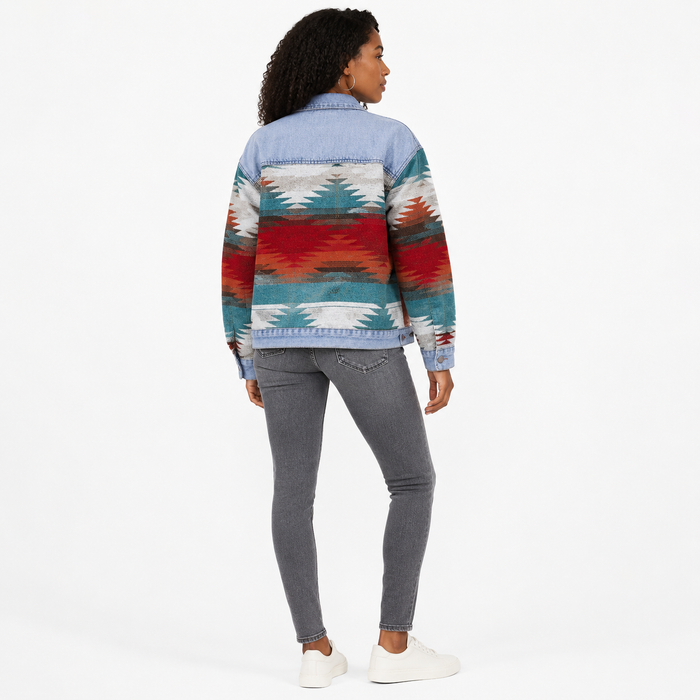 Women's geometric print denim jacket back view on white background