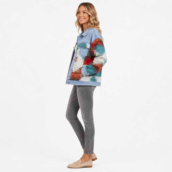Women's geometric print denim jacket side view on white background