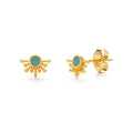 A pair of gold stud earrings with a turquoise center and gold detailing, presented on a white background.