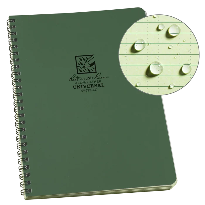 Rite in the Rain All-Weather Universal Spiral Notebook in green (No. 973-LG) with Wire-O binding, shown with a close-up inset of water droplets beading on the all-weather page