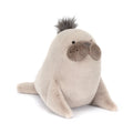 Jellycat Roarwell Sea Lion plush toy in cream with a fluffy grey mane tuft on top, large brown muzzle cheeks, black bead eyes, and front flippers, seated on a white background