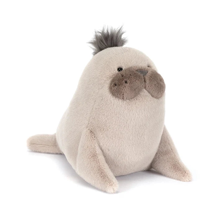 Jellycat Roarwell Sea Lion plush toy in cream with a fluffy grey mane tuft on top, large brown muzzle cheeks, black bead eyes, and front flippers, seated on a white background