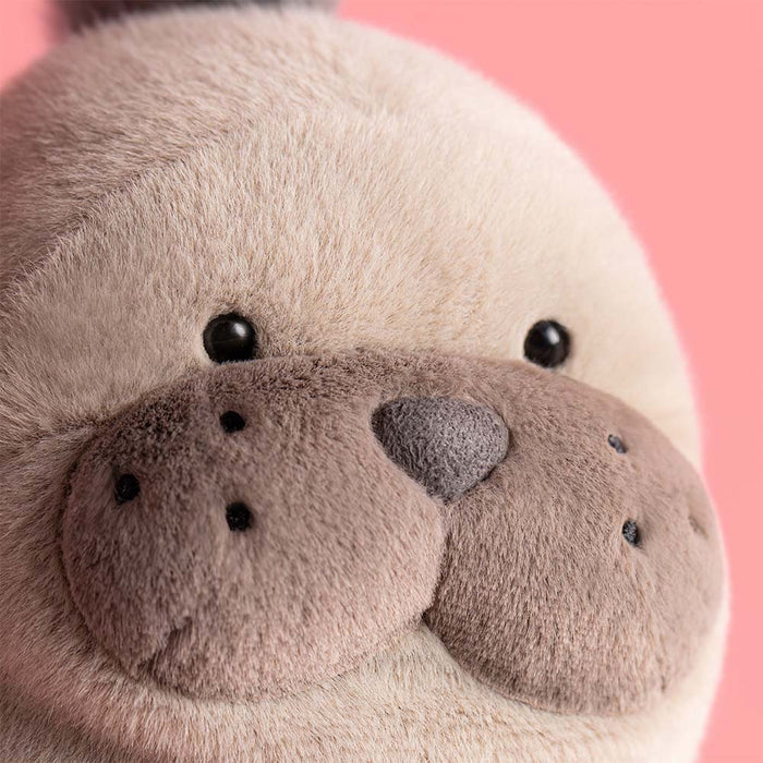 Close-up of Jellycat Roarwell Sea Lion's face showing soft cream fur, large rounded brown muzzle cheeks with embroidered dots, a grey nose, and black bead eyes, against a pink background