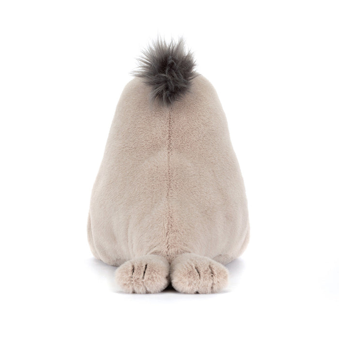 Rear view of Jellycat Roarwell Sea Lion showing the cream plush back, grey mane tuft at the top, and two small fluffy rear flippers at the base, on a white background