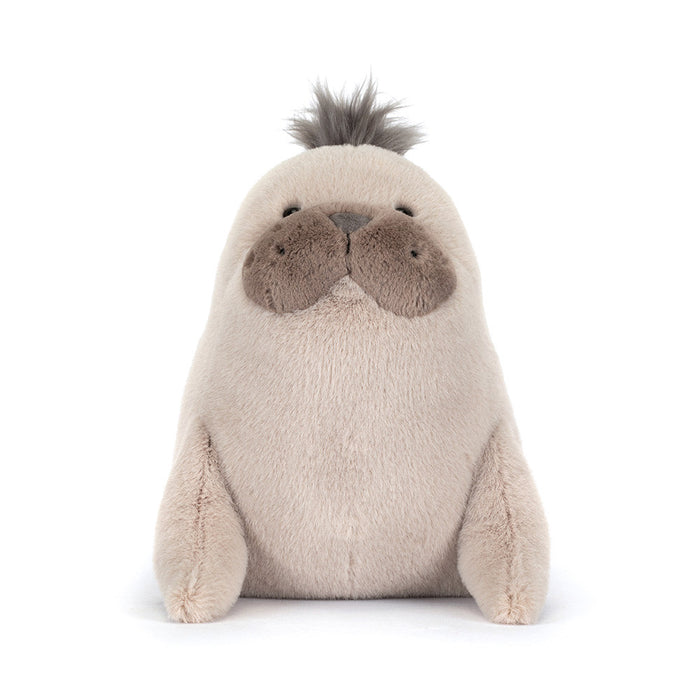 Front-facing view of Jellycat Roarwell Sea Lion seated upright, showing cream fur, grey mane tuft, large brown muzzle, black bead eyes, and two front flippers resting at sides, on a white background