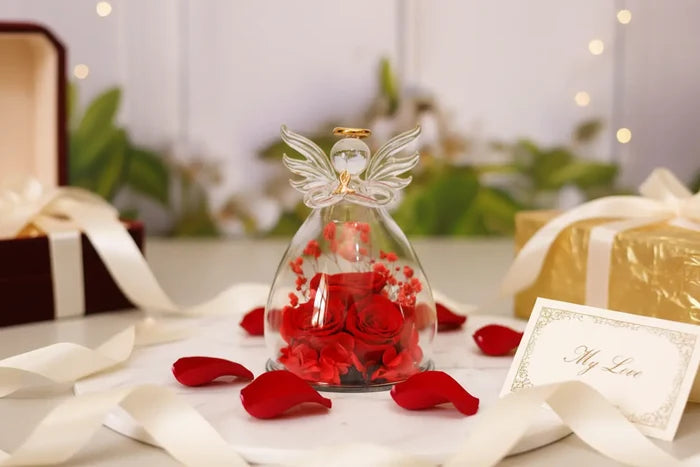 Rose gift box with angel glass dome and decorative rose arrangement shown from front for a clear view of the keepsake design.