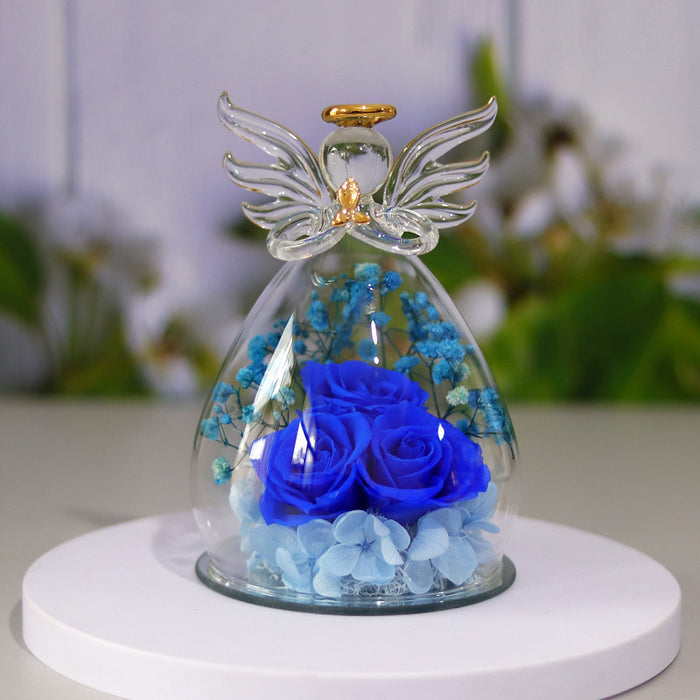 Rose display gift shown from another angle to highlight the angel-shaped outline, base design and flower arrangement clearly.