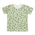 T-shirt with a pattern of red ladybugs and green leaves on a white background
