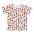 A short-sleeved t-shirt with an all-over strawberries print on a white background.